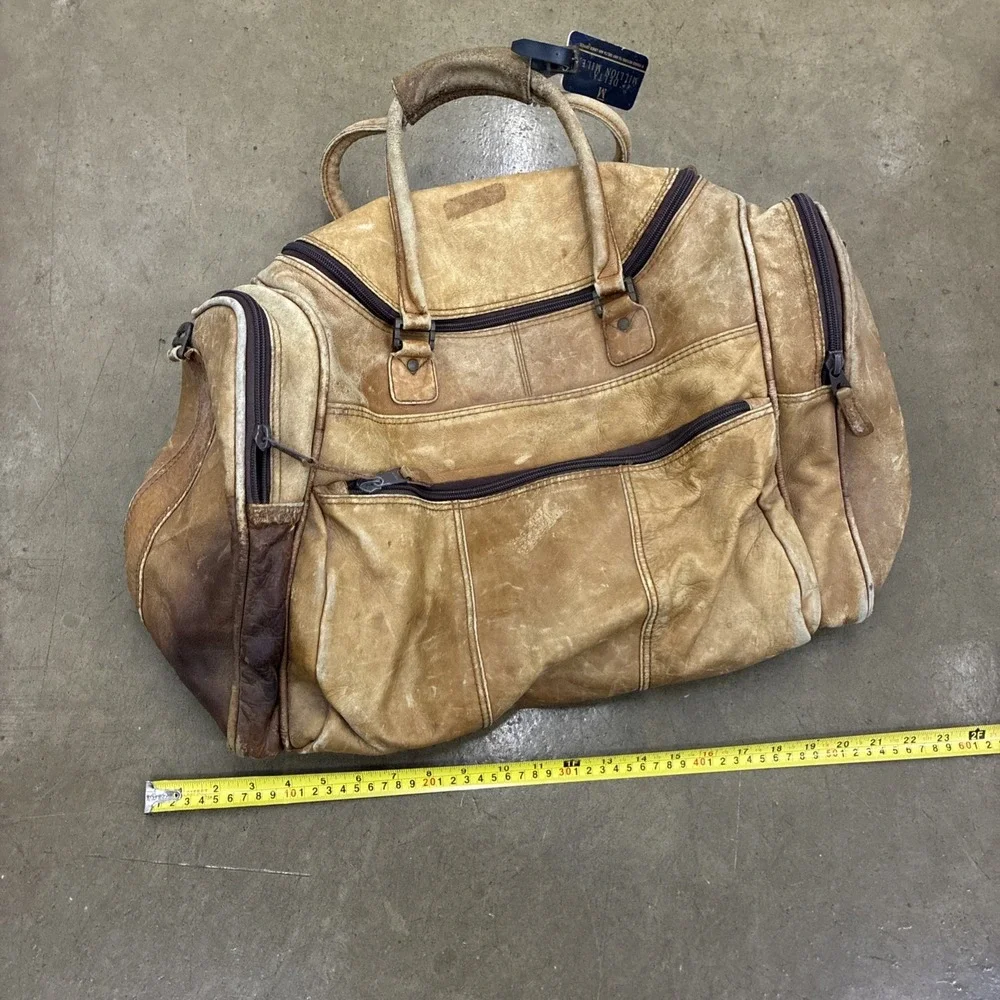 VTG GENUINE LEATHER Lg Weekender Overnight Duffle Bag Travel Beige Brown - Fair